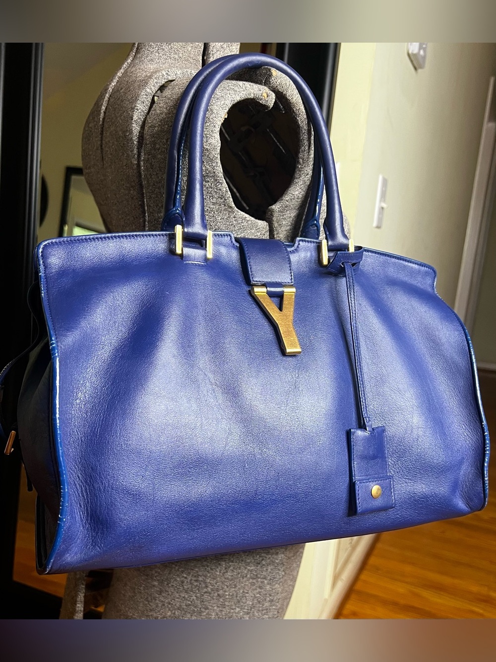Yves Saint Laurent Royal Blue Leather Y Satchel Shoulder Tote Bag